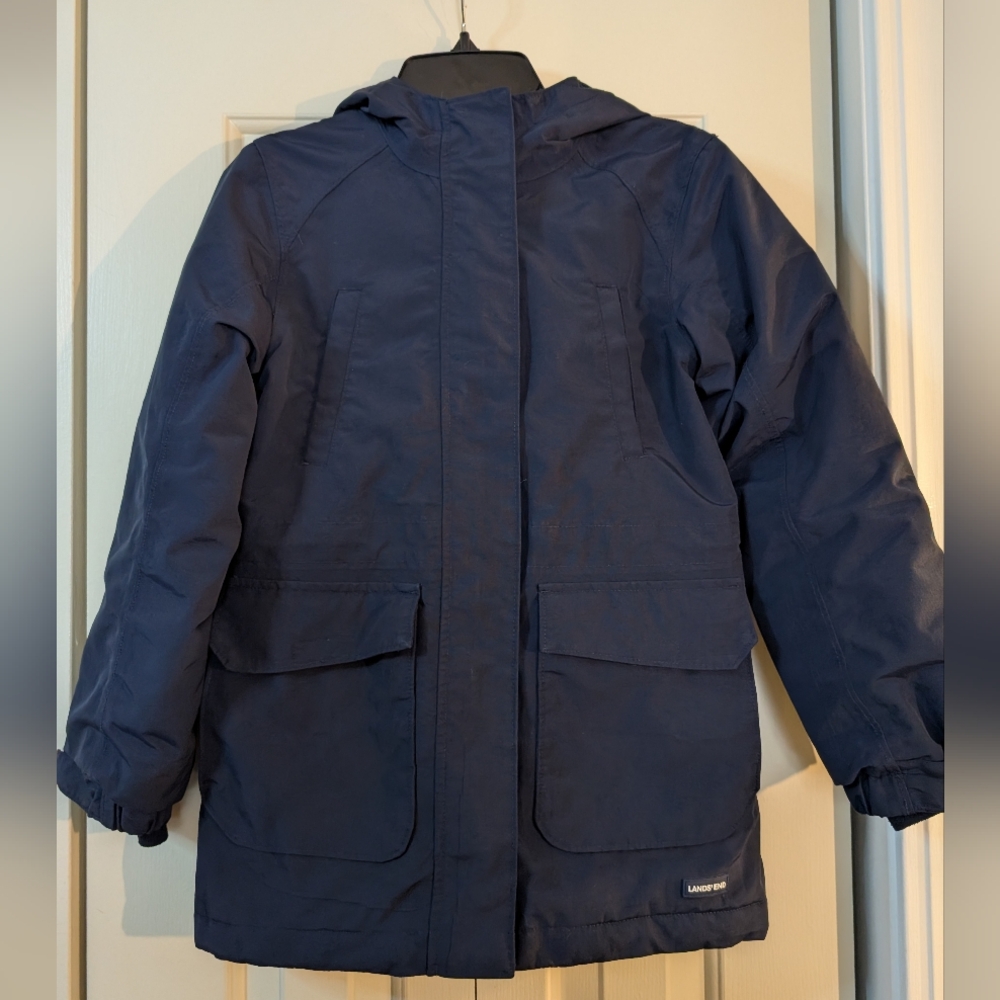 Girls Lands' End Squall Parka Navy Blue EUC Size Large 6X/7